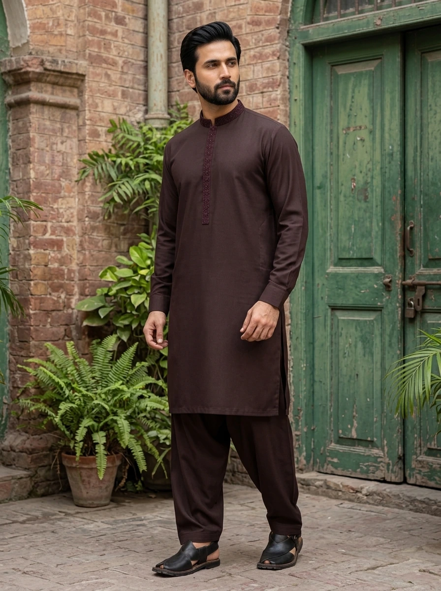 Sunshine Dark Brown Embroidered Wash & Wear Kurta
